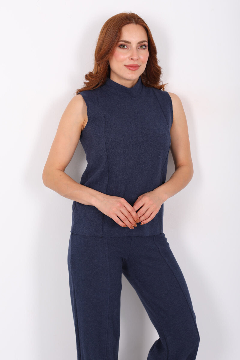 Kolsuz Dik Yaka Marin Kadın Fitilli Takım - 1