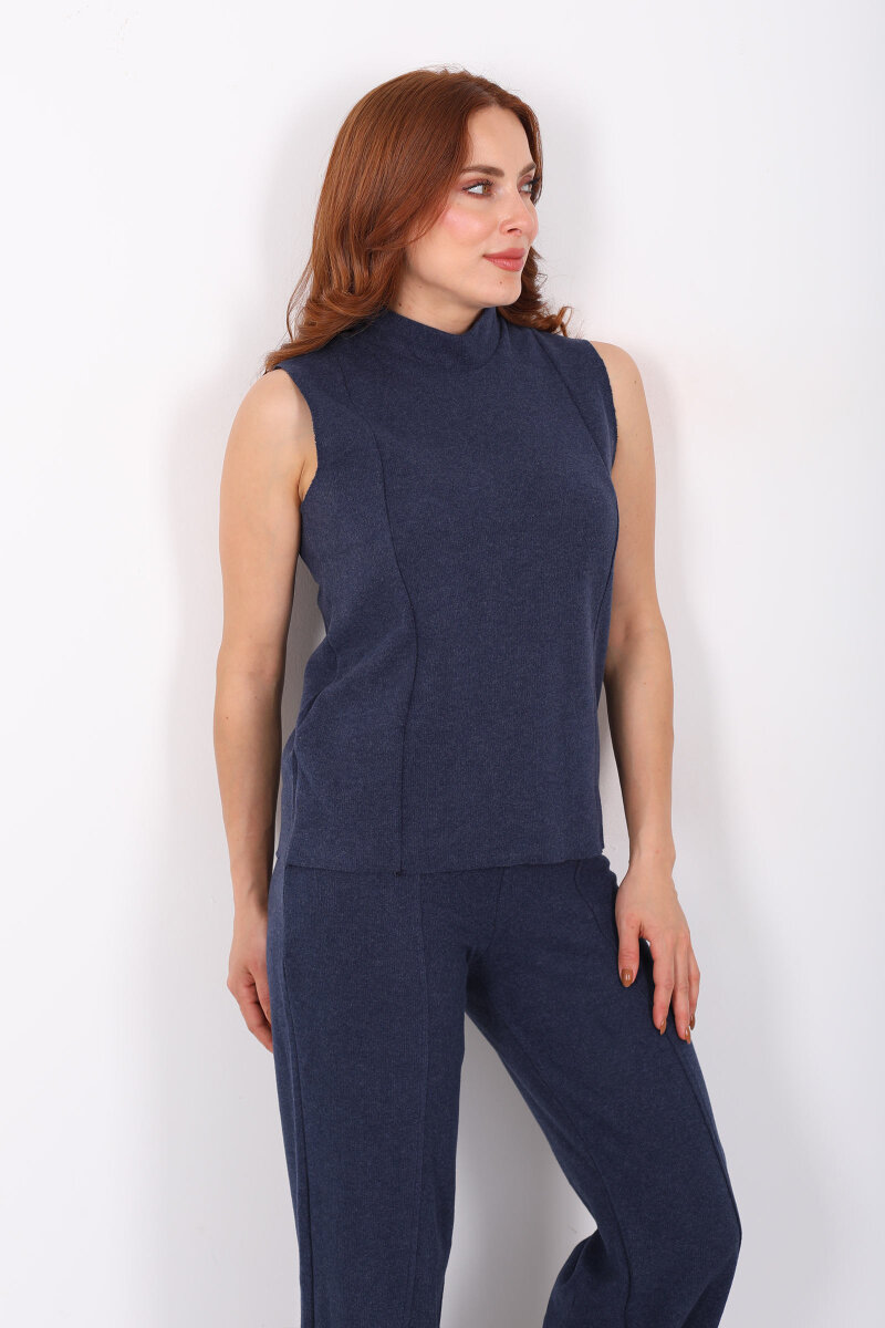 Kolsuz Dik Yaka Marin Kadın Fitilli Takım - 4