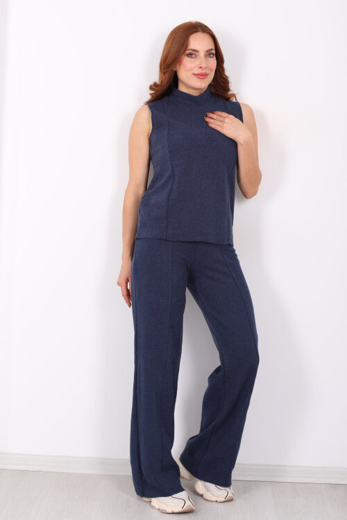 Kolsuz Dik Yaka Marin Kadın Fitilli Takım - 3