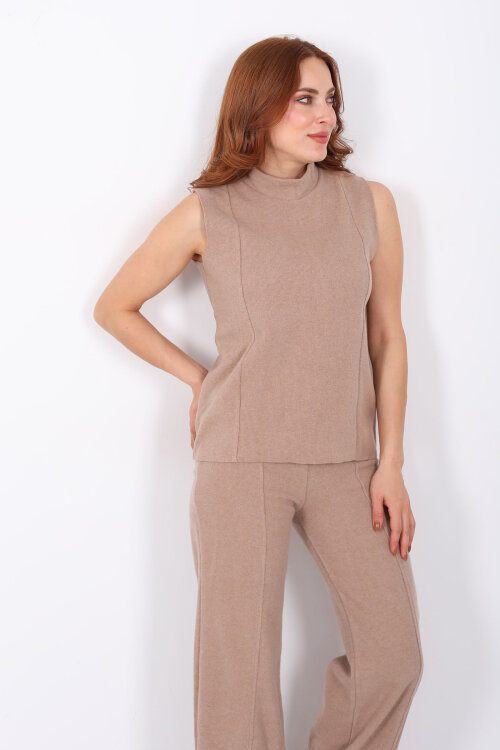 Kolsuz Dik Yaka Vizon Kadın Fitilli Takım - 4