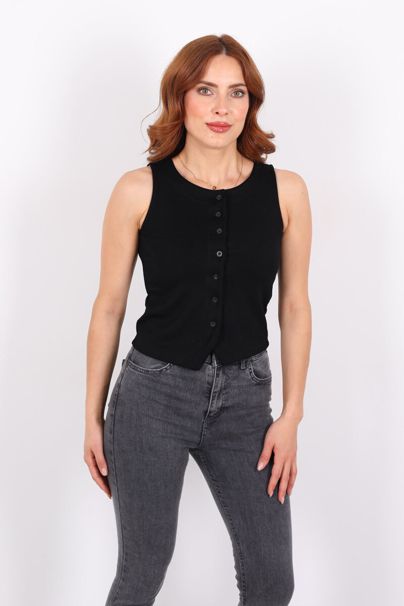 Kolsuz Düğmeli Siyah Kadın Modal Yelek - 3