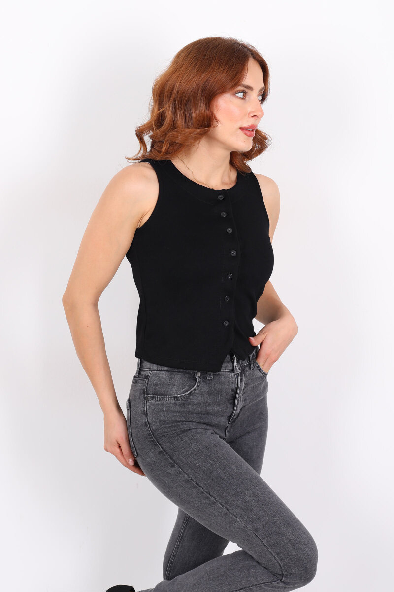 Kolsuz Düğmeli Siyah Kadın Modal Yelek - 4