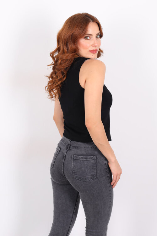 Kolsuz Düğmeli Siyah Kadın Modal Yelek - 5