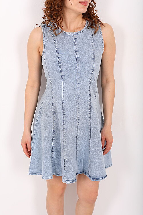 Kolsuz Eteği Volanlı Kadın Açık Kar Yıkama Mini Denim Elbise - Berox (1)