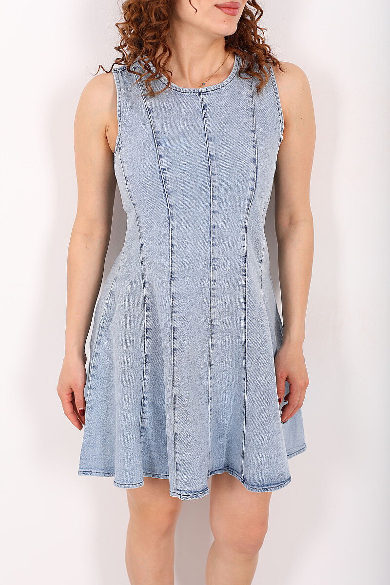 Kolsuz Eteği Volanlı Kadın Açık Kar Yıkama Mini Denim Elbise - 2