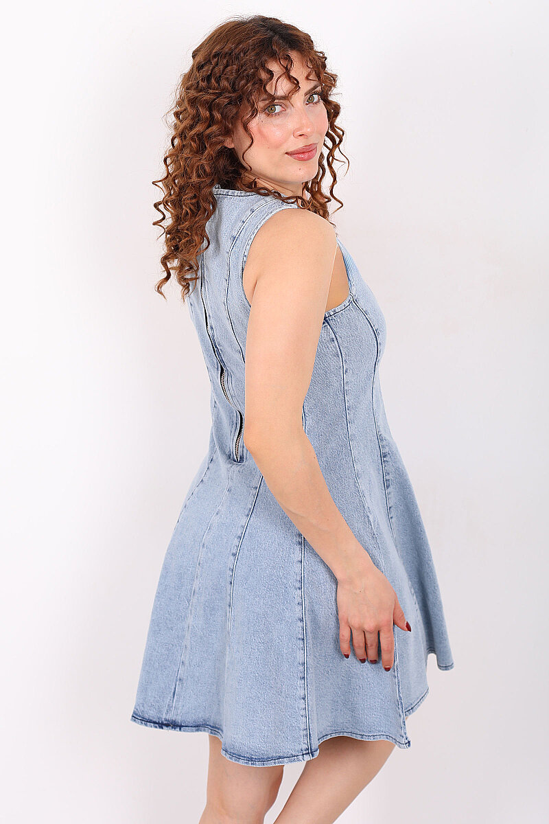 Kolsuz Eteği Volanlı Kadın Açık Kar Yıkama Mini Denim Elbise - 6