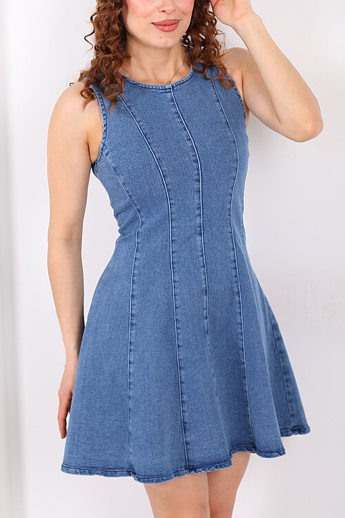 Kolsuz Eteği Volanlı Kadın Mavi Mini Denim Elbise - Berox (1)