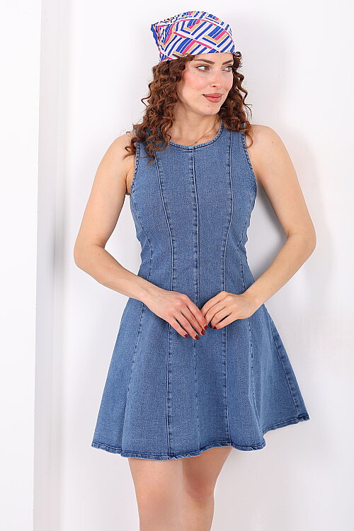 Kolsuz Eteği Volanlı Kadın Mavi Mini Denim Elbise - Berox