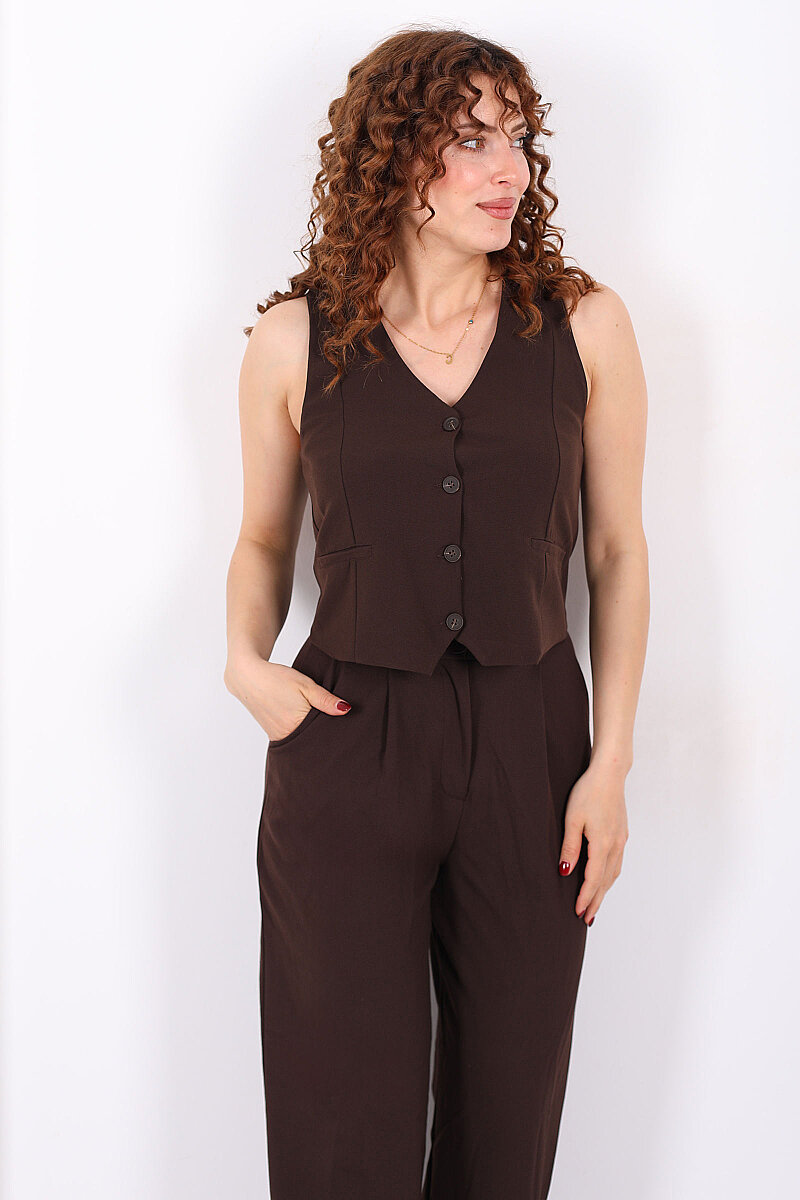 Kolsuz Fleto Cepli Kahverengi Kadın Yelek - 4