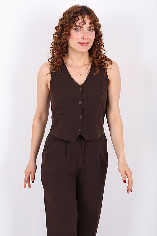 Kolsuz Fleto Cepli Kahverengi Kadın Yelek - 3