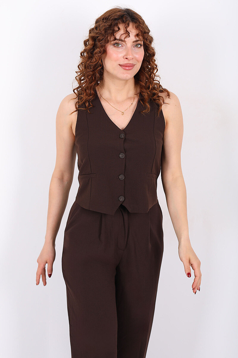 Kolsuz Fleto Cepli Kahverengi Kadın Yelek - 3