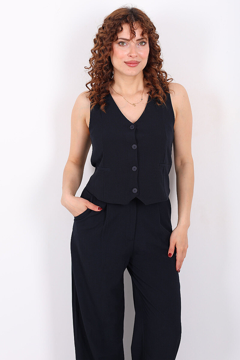 Kolsuz Fleto Cepli Lacivert Kadın Yelek - 6