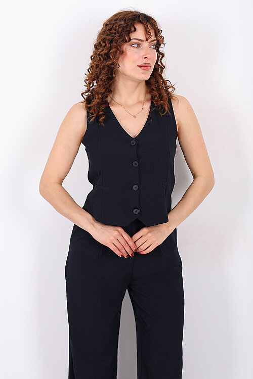 Kolsuz Fleto Cepli Lacivert Kadın Yelek - 3