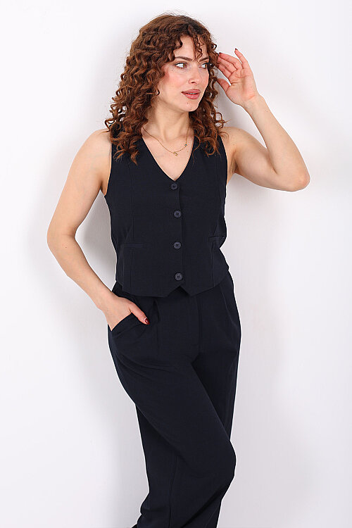 Kolsuz Fleto Cepli Lacivert Kadın Yelek 