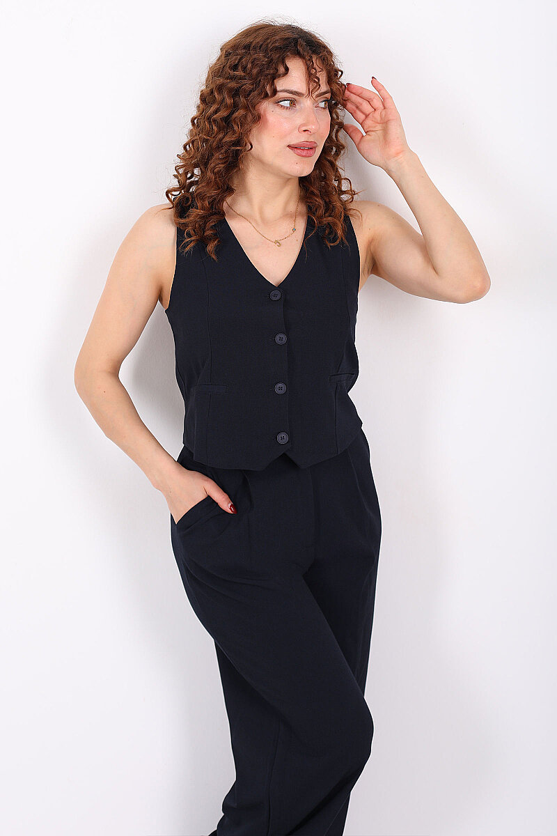 Kolsuz Fleto Cepli Lacivert Kadın Yelek - 1