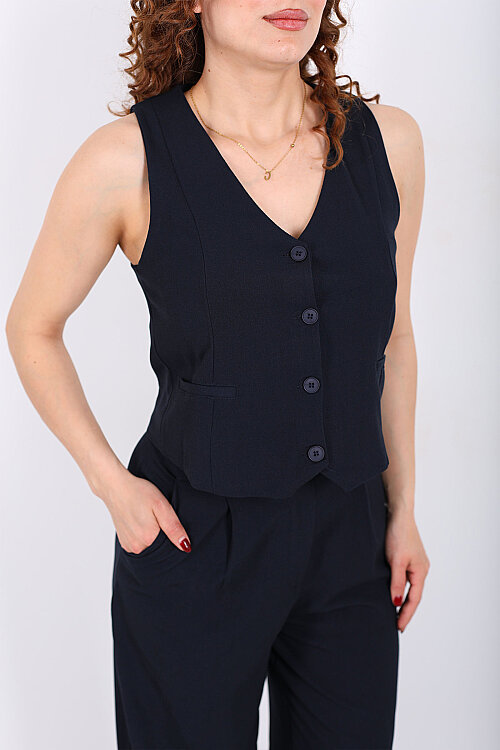 Kolsuz Fleto Cepli Lacivert Kadın Yelek - Berox (1)