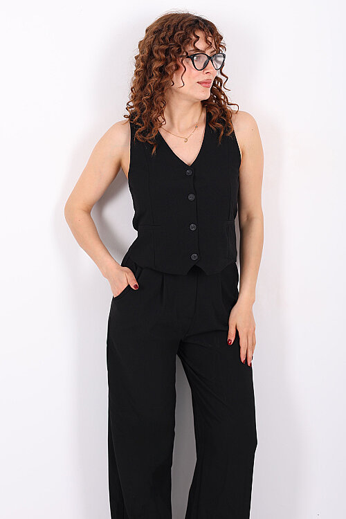 Kolsuz Fleto Cepli Siyah Kadın Yelek - 5