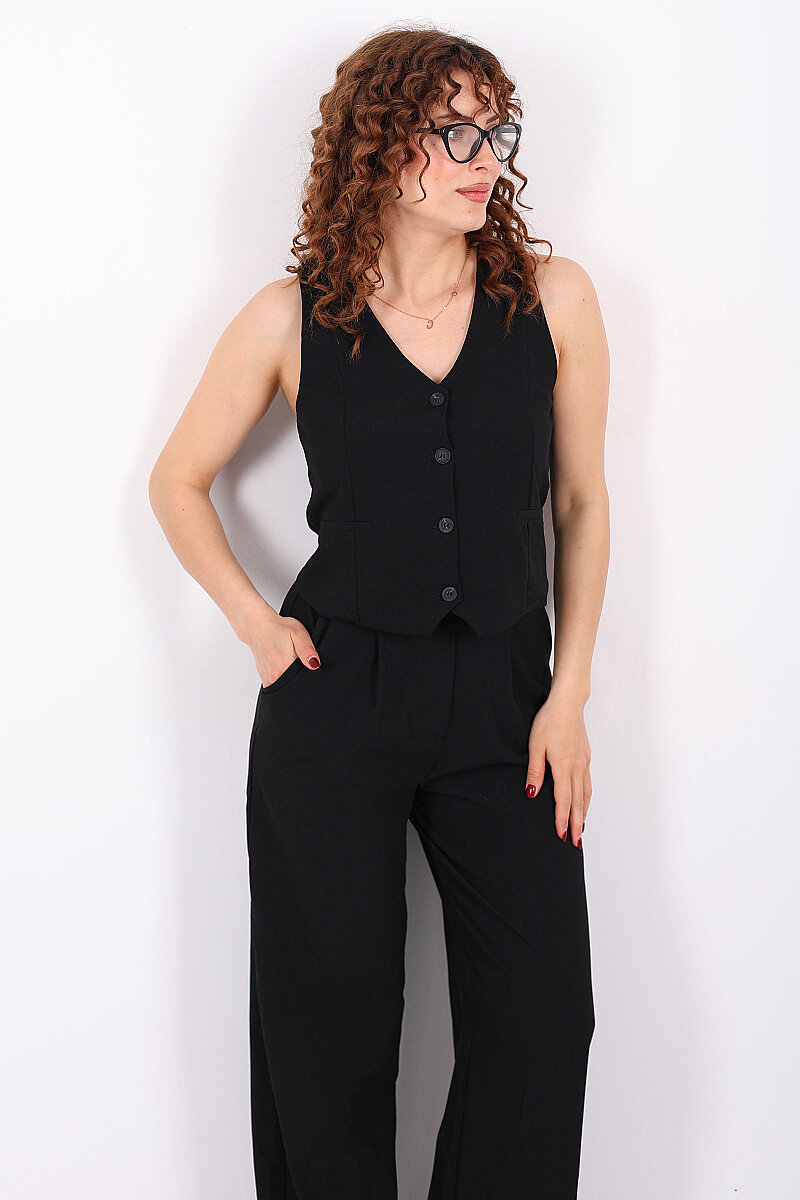 Kolsuz Fleto Cepli Siyah Kadın Yelek - 5