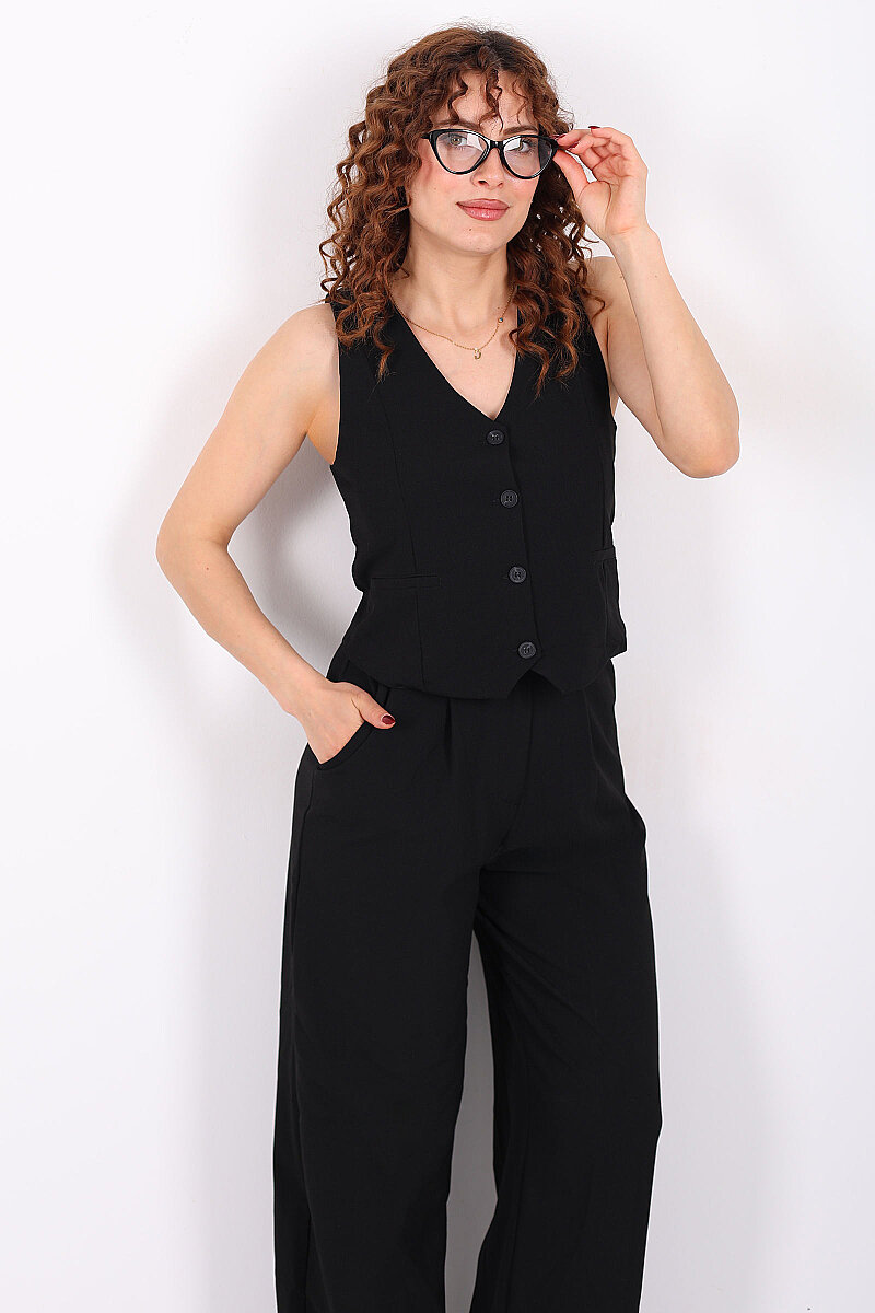 Kolsuz Fleto Cepli Siyah Kadın Yelek - 3