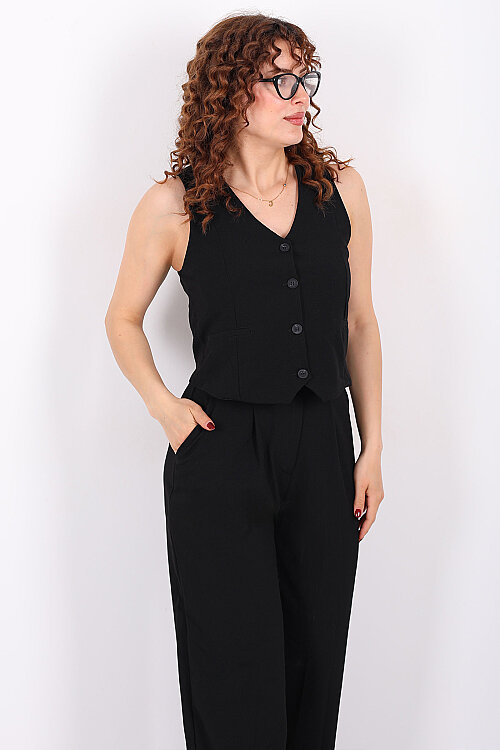 Kolsuz Fleto Cepli Siyah Kadın Yelek - Berox