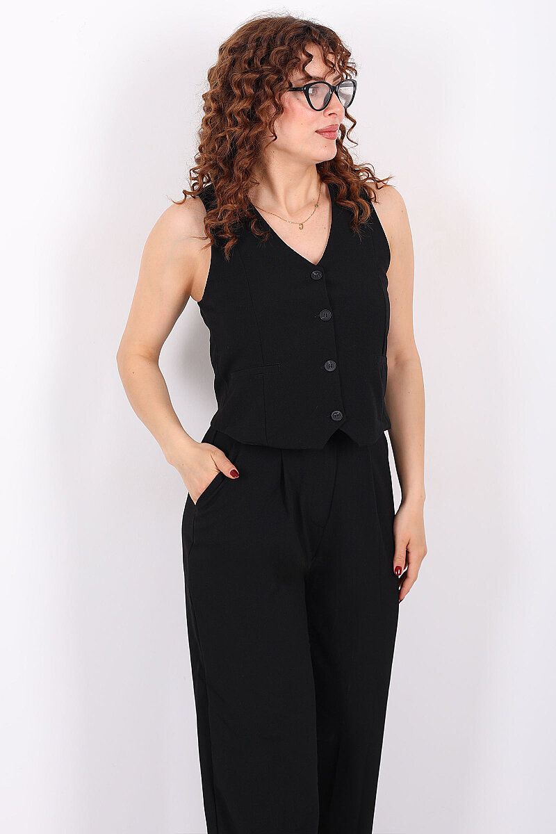 Kolsuz Fleto Cepli Siyah Kadın Yelek - 1