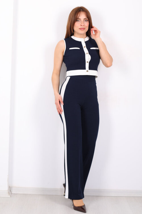 Kolsuz Garnili Düğmeli Lacivert Kadın Venedik Takım - 7