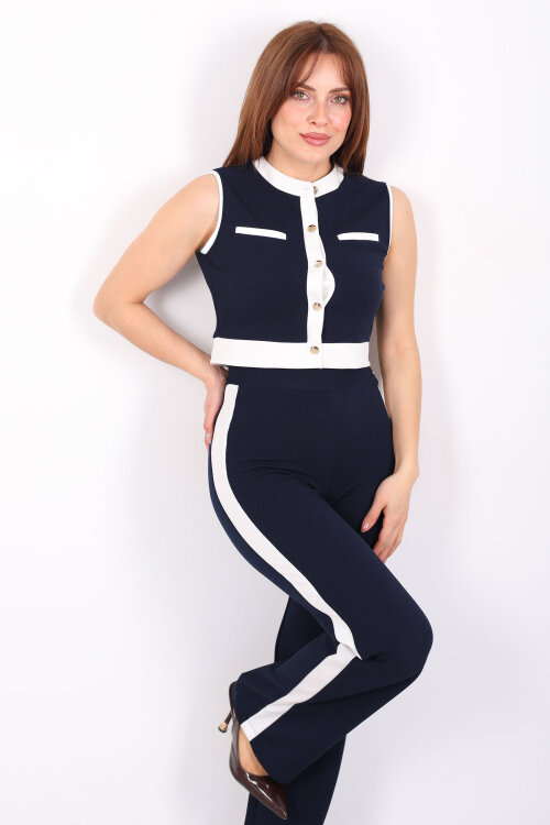 Kolsuz Garnili Düğmeli Lacivert Kadın Venedik Takım - Berox