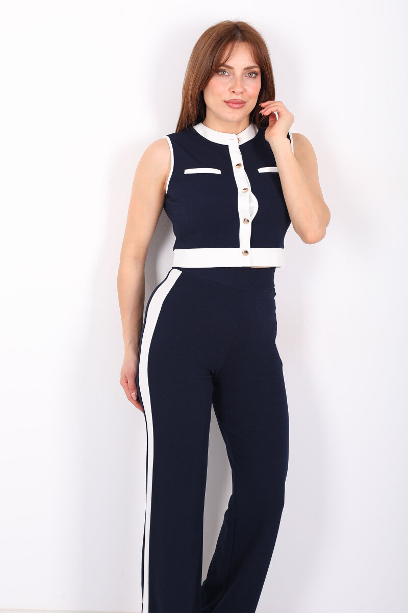 Kolsuz Garnili Düğmeli Lacivert Kadın Venedik Takım - 6