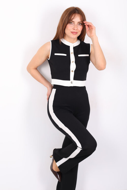 Kolsuz Garnili Düğmeli Siyah Kadın Venedik Takım - Berox