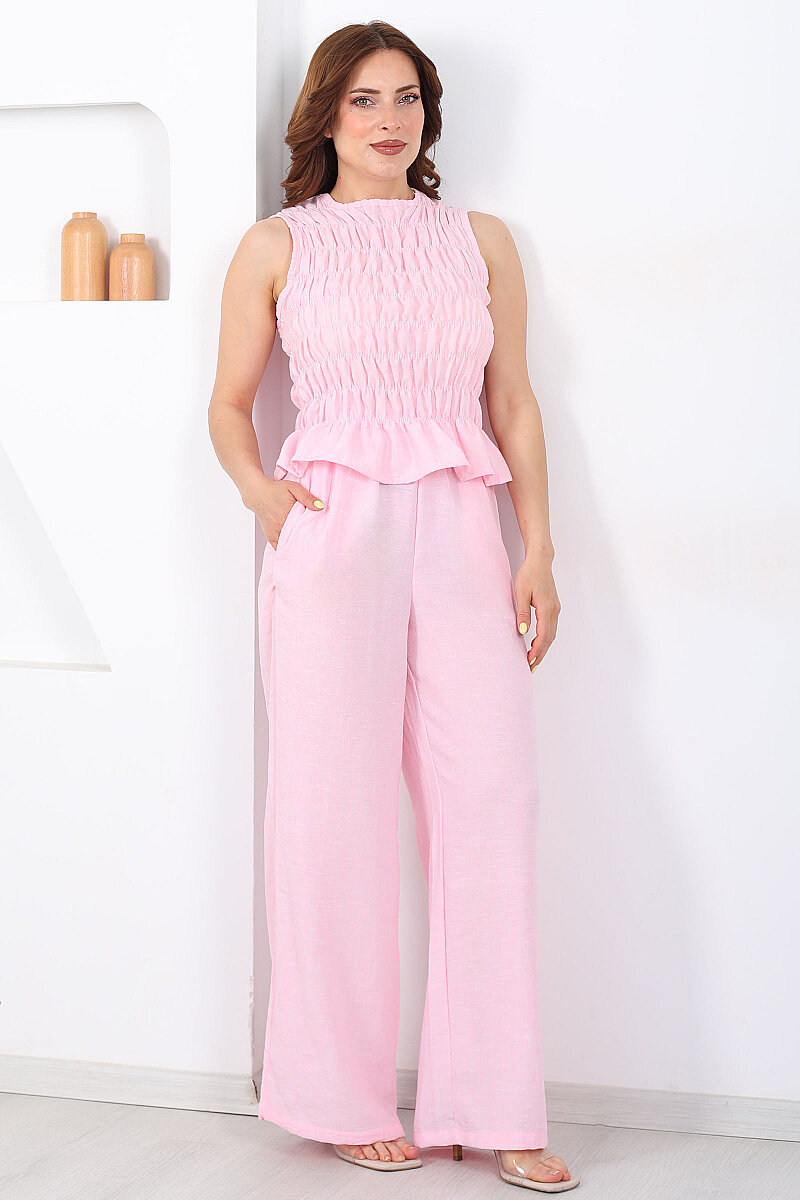 Kolsuz Gipeli Kadın Pembe Bluz Pantolon Takım - 3