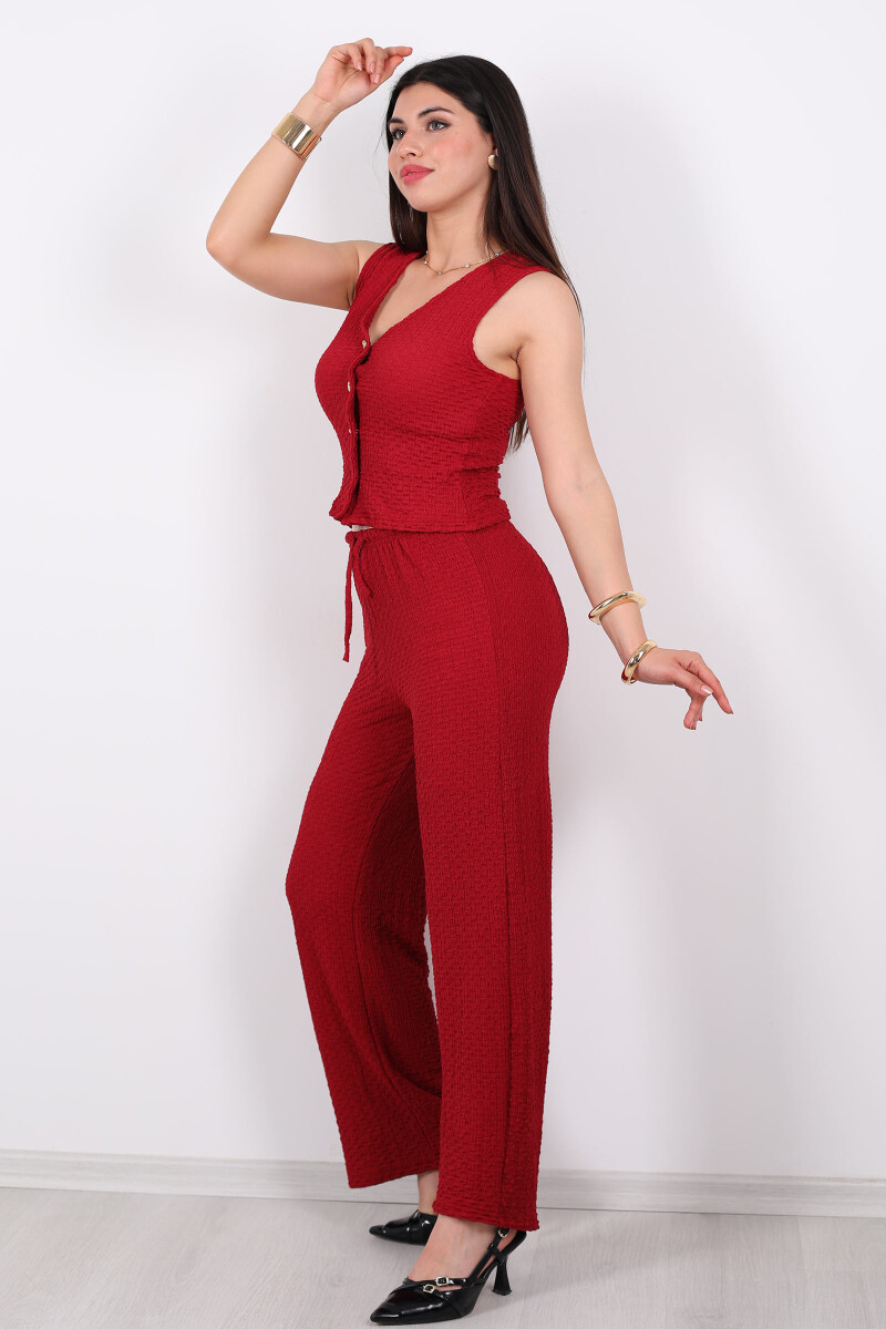 Kolsuz Kalp Gold Düğmeli Gofre Kumaş Bluz - Pantolon Bordo Kadın Takım - 3