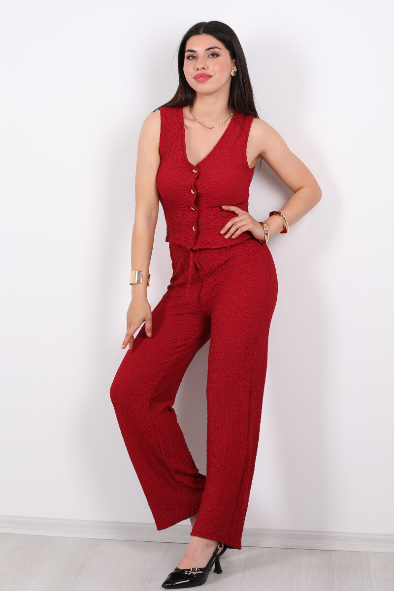 Kolsuz Kalp Gold Düğmeli Gofre Kumaş Bluz - Pantolon Bordo Kadın Takım - 5