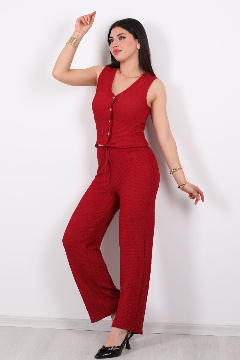 Kolsuz Kalp Gold Düğmeli Gofre Kumaş Bluz - Pantolon Bordo Kadın Takım - 1