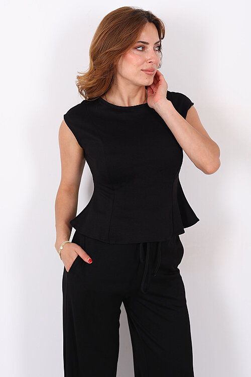 Kolsuz Modal Siyah Kadın Peplum Bluz 