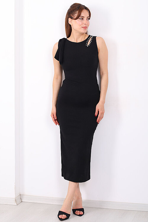 Kolsuz Omuz Dekolte Ve Taş Detaylı Kadın Siyah Midi Elbise - 3