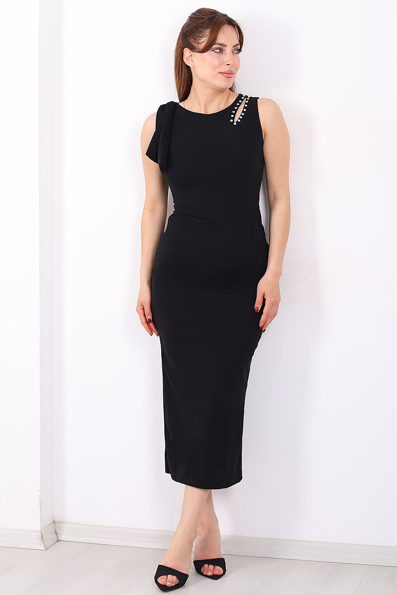 Kolsuz Omuz Dekolte Ve Taş Detaylı Kadın Siyah Midi Elbise - 3