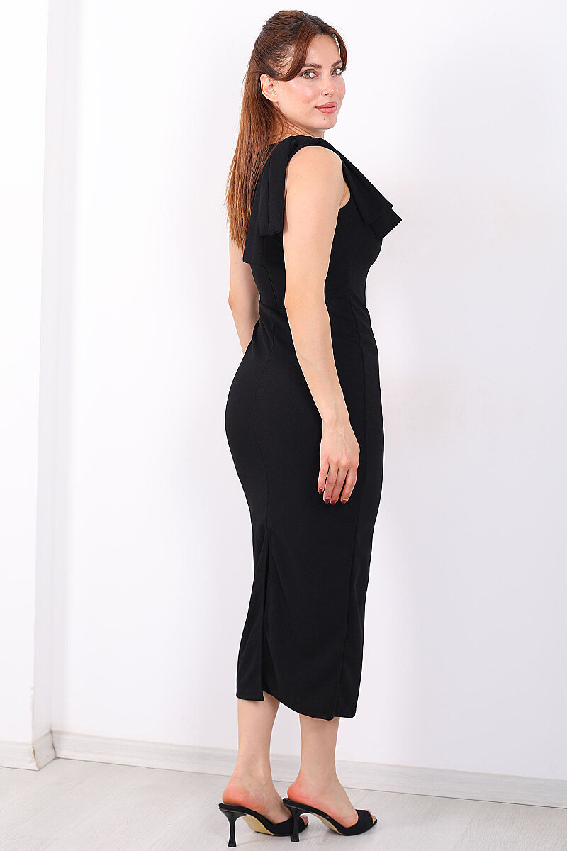 Kolsuz Omuz Dekolte Ve Taş Detaylı Kadın Siyah Midi Elbise - 6