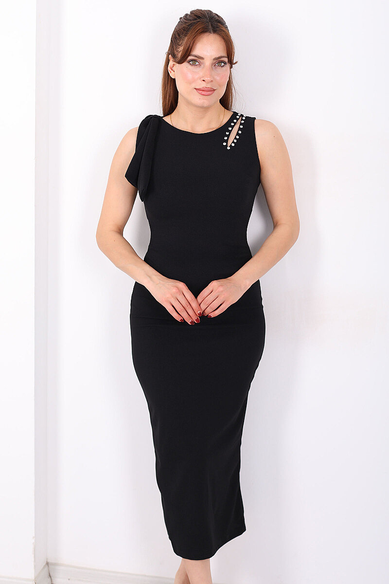 Kolsuz Omuz Dekolte Ve Taş Detaylı Kadın Siyah Midi Elbise - 4