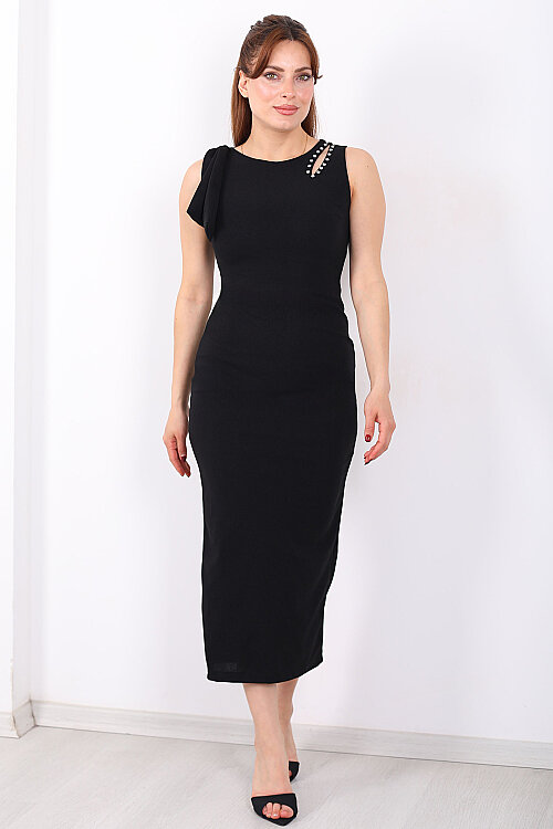 Kolsuz Omuz Dekolte Ve Taş Detaylı Kadın Siyah Midi Elbise - 5