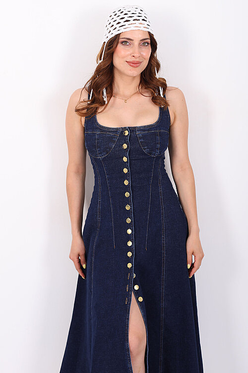 Kolsuz Önü Düğmeli Sırtı Bağlamalı Kadın Denim Elbise - 7