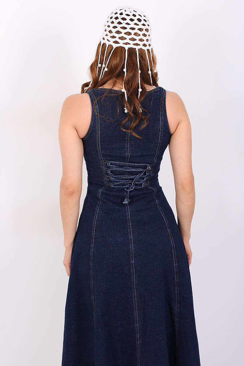 Kolsuz Önü Düğmeli Sırtı Bağlamalı Kadın Denim Elbise - 5