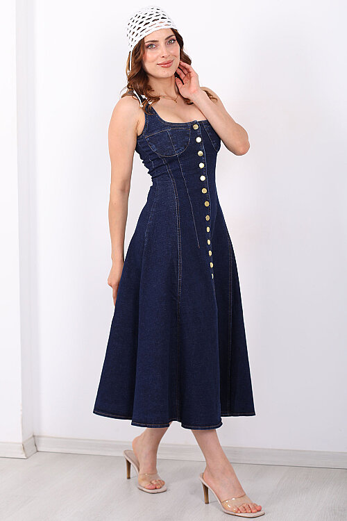 Kolsuz Önü Düğmeli Sırtı Bağlamalı Kadın Denim Elbise - 6