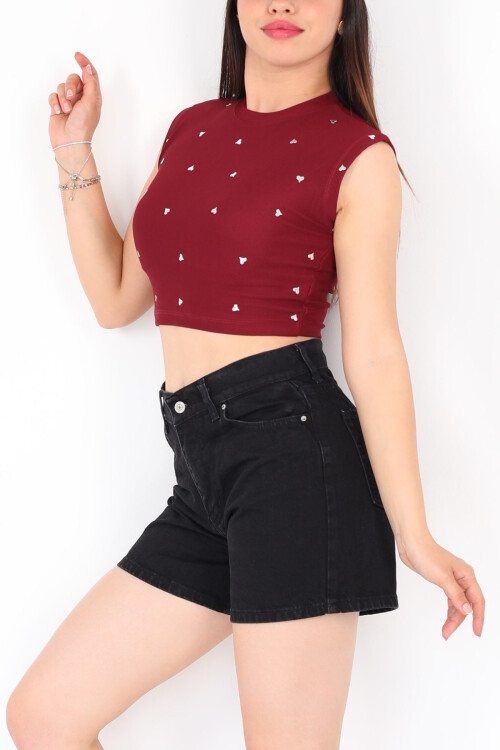 Kolsuz Metal Kalp Baskılı Bordo Kadın Crop - 2