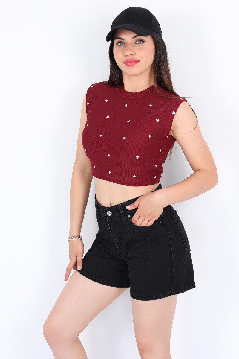 Kolsuz Metal Kalp Baskılı Bordo Kadın Crop - 4