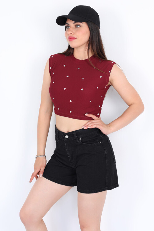 Kolsuz Metal Kalp Baskılı Bordo Kadın Crop - 3