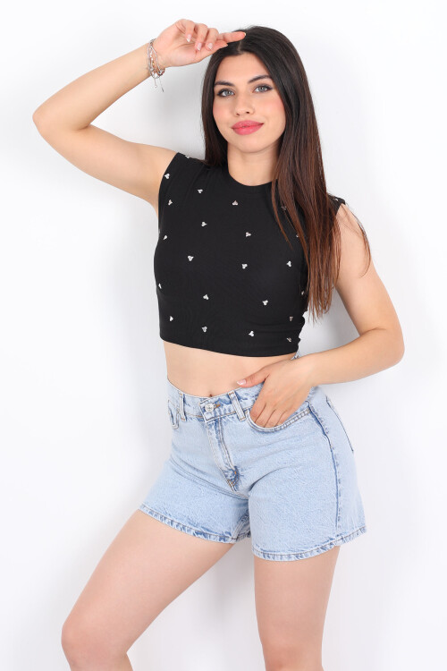 Kolsuz Metal Kalp Baskılı Siyah Kadın Crop 