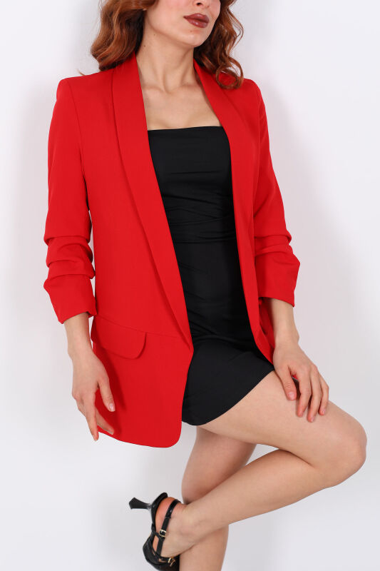 Kolu Büzgülü Cep Kapaklı Kırmızı Kadın Blazer Ceket - 2