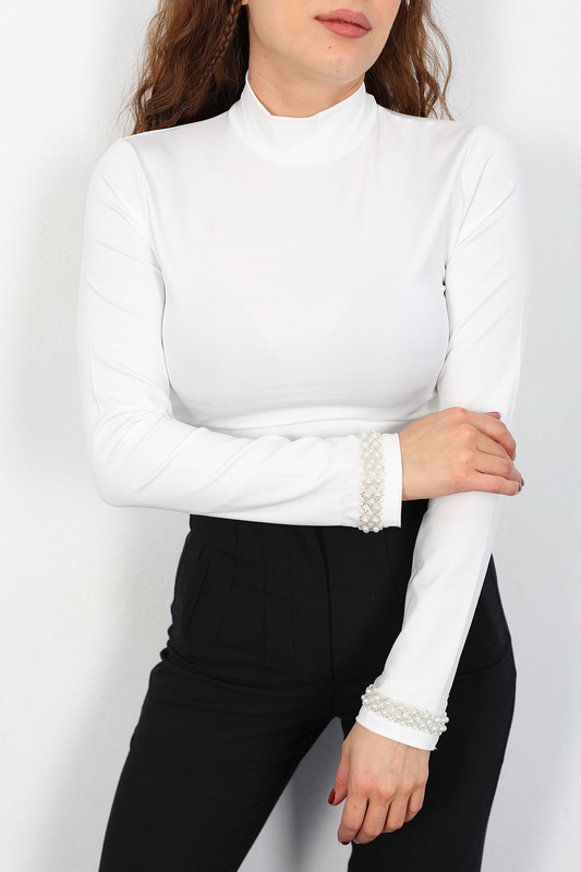 Kolu İnci Nakışlı Dalgıç Beyaz Kadın Bluz - 3