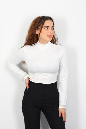 Kolu İnci Nakışlı Dalgıç Beyaz Kadın Bluz - Berox (1)