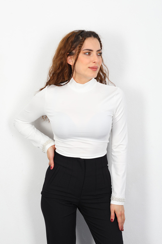 Kolu İnci Nakışlı Dalgıç Beyaz Kadın Bluz - 2